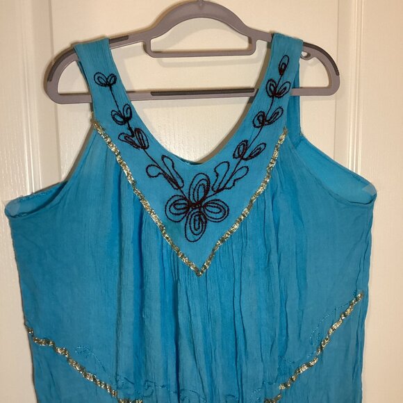Sorela Women's Boho Midi Sleeveless Dress Free Size Embroidered Blue Beach - Picture 2 of 9